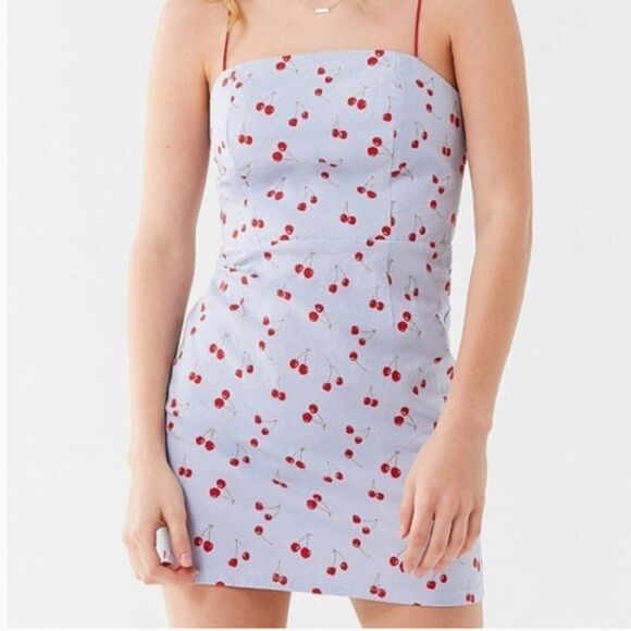 Urban Outfitters Cherry Dress Size 0 Linen Blend Blue Red - Picture 2 of 10